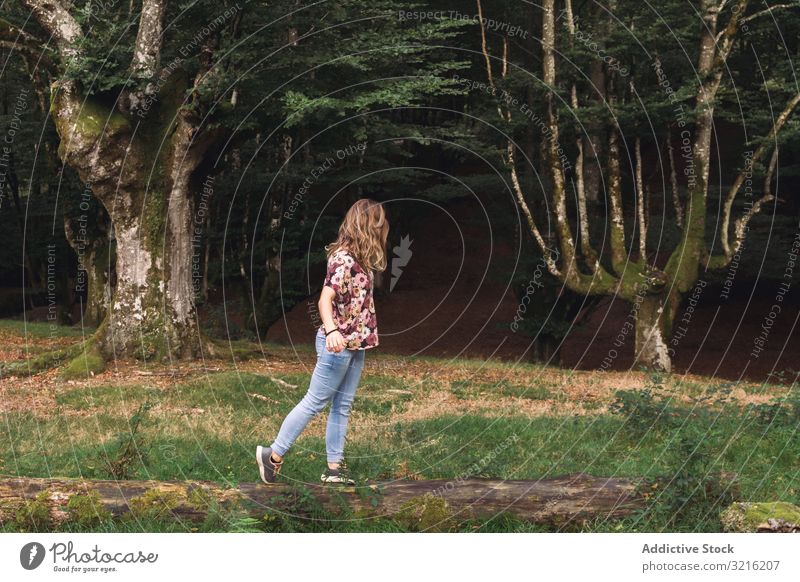 Young woman balancing on log in park forest walking majestic dark old mystic young tourist nature landscape vacation lifestyle female activity weekend dreaming