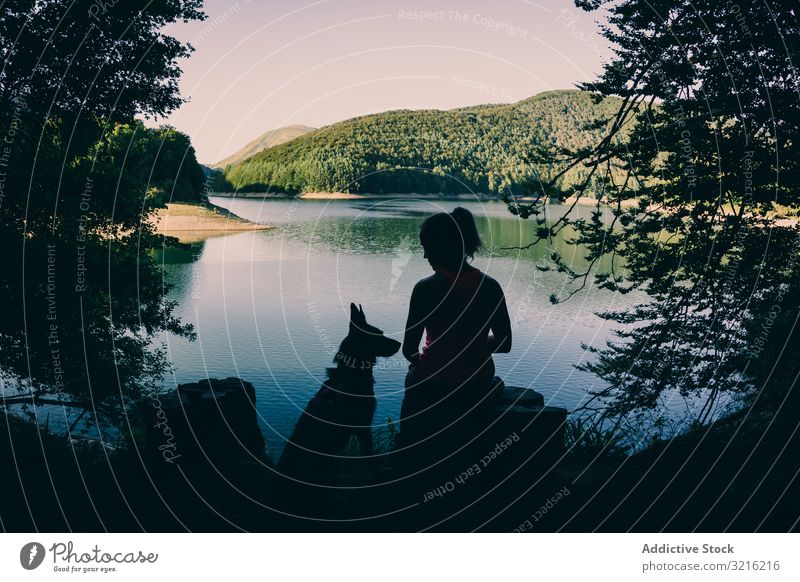 Woman with dog resting against beautiful lake woman silhouette admiring traveler tourism hiking picturesque forest summer day female pet animal friendship