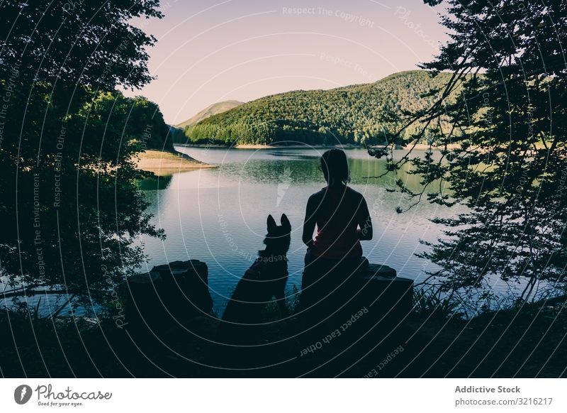 Woman with dog resting against beautiful lake woman silhouette admiring traveler tourism hiking picturesque forest summer day female pet animal friendship