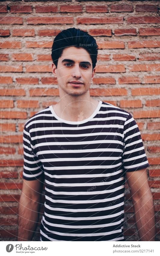 Portrait of casual young man attractive portrait lifestyle guy stylish stripped t-shirt handsome trendy person caucasian modern urban posing brick wall