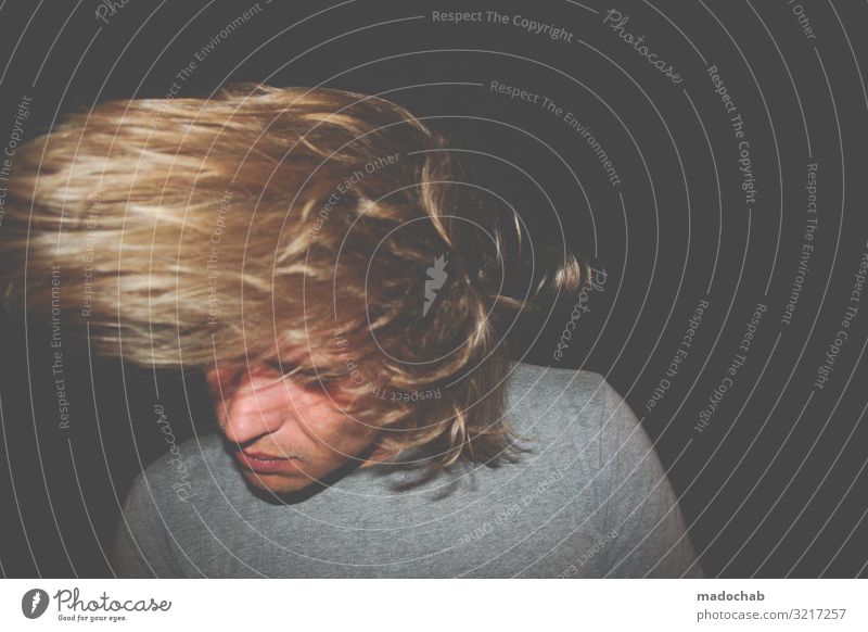 Portrait man with blond long hair in motion Human being Masculine Young man Youth (Young adults) Man Adults Life 1 Stress Distress nervousness furious