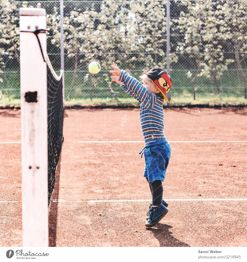 tennis Sports Masculine Child Boy (child) Infancy Life 1 Human being 3 - 8 years Sneakers Cap Playing Jump Blue Red Joy Joie de vivre (Vitality) Tennis