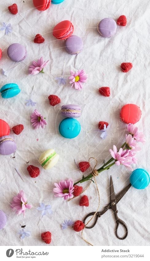 Scissors and flowers amidst macaroons and raspberries raspberry scissors cloth composition food pastry colorful delicious tasty yummy dessert retro vintage