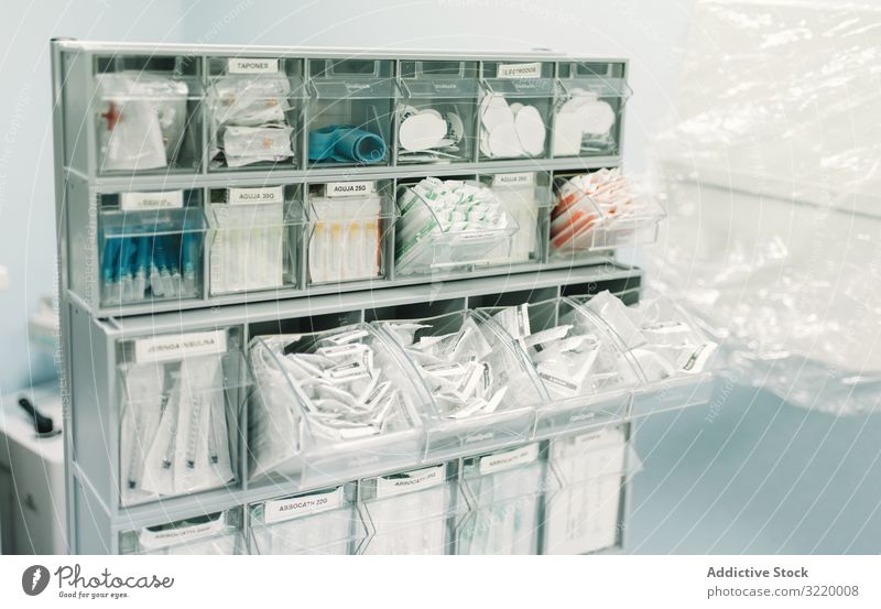 Storage system of hospital supplies medical medication drawer storage laboratory syringe bandage medicine clinic treatment care sterile disposable transparent
