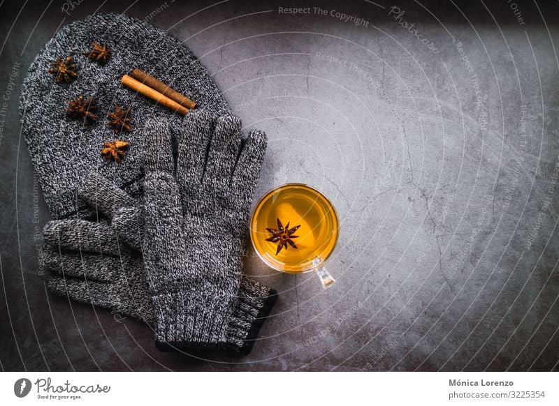 Wool beanie and gloves for winter season with herbal tea. Tea Illness Medication Winter Warmth Scarf Gloves Hat Concrete Hot Natural ginger cup flu anise mug