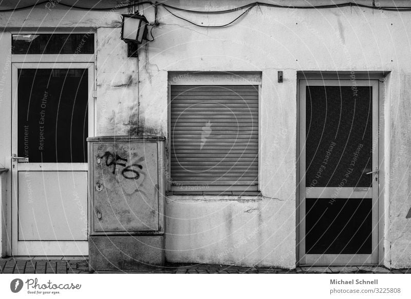 backyard entrances power box Electricity Hagen Town House (Residential Structure) Window Door Old Hideous Sadness Hopelessness Black & white photo Exterior shot