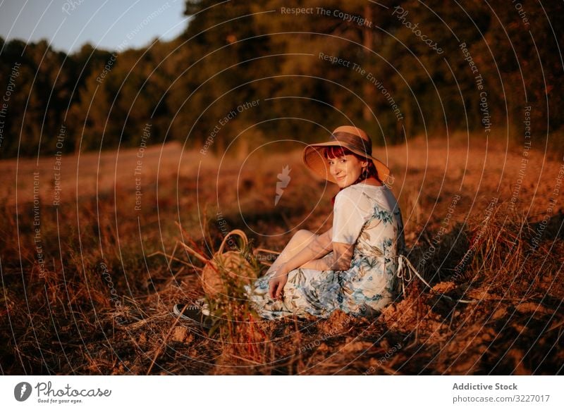 Woman sitting in field woman sunset retro nature evening sky countryside lifestyle female summer meadow vintage dress hat harmony idyllic calm tranquil serene