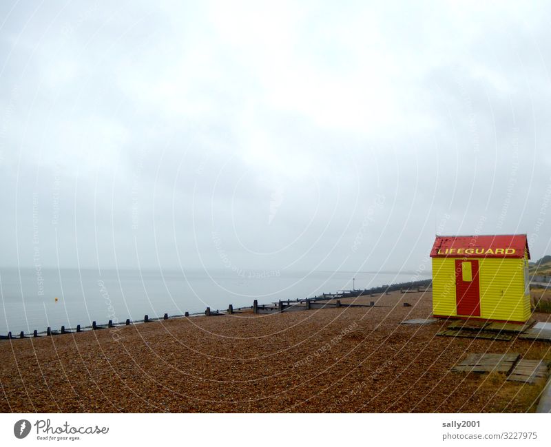 Lifeguard... Rescue Pool attendant Beach Ocean England Great Britain variegated Yellow Red hut cot Stage Bad weather overcast rainy Closed tranquillity Clouds