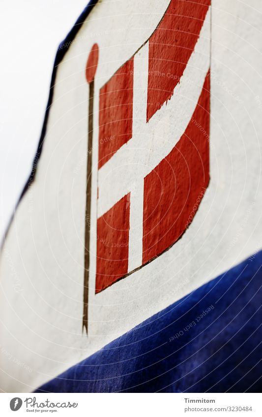Danish flag - homemade Denmark Red White Blue flagpole Self-made Painted Exterior shot Deserted ship boat Sky national pride Old symbol Handcrafts