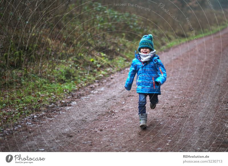 Child runs on a forest path Joy luck Leisure and hobbies Playing Human being Masculine Boy (child) Infancy 1 3 - 8 years Environment Nature Landscape Forest