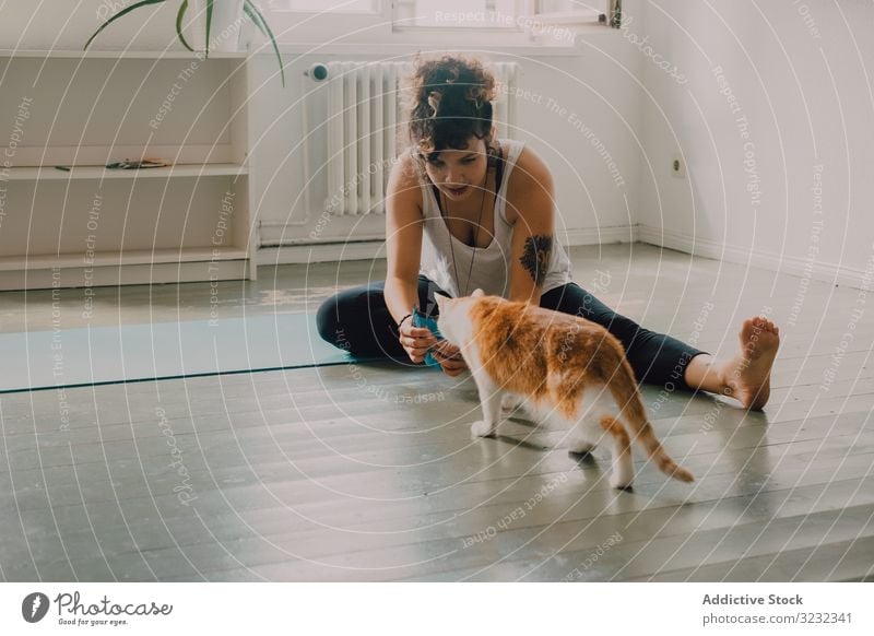 Relaxed woman playing with cat on floor at home relaxed caring feline domestic apartment barefoot casual modern minimalistic sit pet young adult cute animal