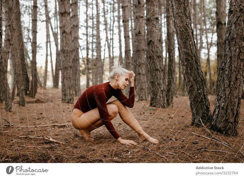 Beautiful modern woman resting barefoot in evergreen forest woods harmony squatting primitive blonde carefree attractive beautiful charming leotard red bright
