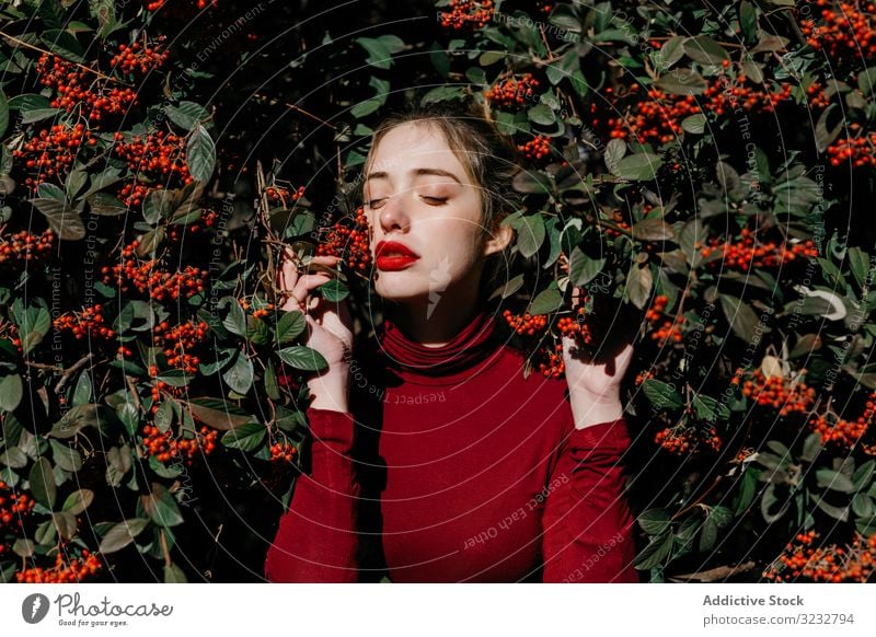 Young woman in bush with berries garden berry branch foliage closed eyes young sunny daytime female nature fresh bloom blossom lifestyle countryside natural red