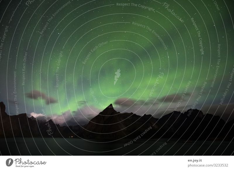 Solar energy Vacation & Travel Nature Landscape Night sky Stars Aurora Borealis Mountain Fjord Reine Lofotes Norway Scandinavia Illuminate Exceptional Green