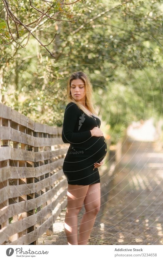 Pregnant woman looking away and touching belly while standing on road near garden in sunny day pregnant expectation prenatal maternity dream childbearing