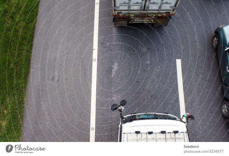 Top view of transportation truck on road Transport Street Highway Vehicle Car Truck Trailer Gray Green Vantage point cargo engine Colour photo Aerial photograph