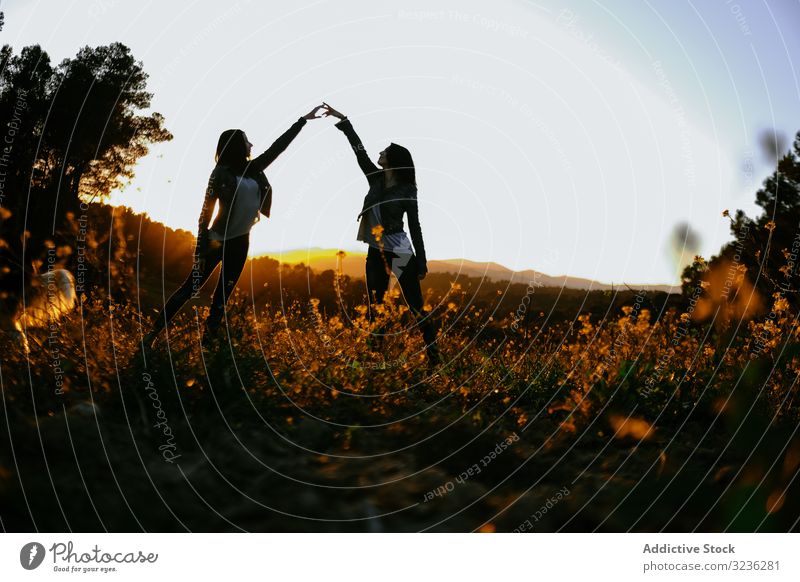 Happy women standing on meadow friends together silhouette enjoy nature freedom sunset field harmony young female relaxed beautiful summer happiness wellness