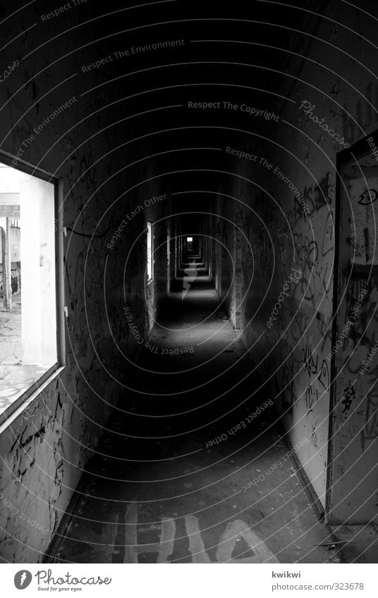 tunnel vision Town Deserted Industrial plant Factory Manmade structures Building Wall (barrier) Wall (building) Facade Window Old Threat Dirty Dark Creepy Cold