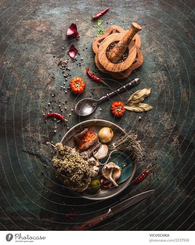 Dried spices and kitchen herbs Food Herbs and spices Nutrition Crockery Design Healthy Eating Table Restaurant Gastronomy Background picture Vintage Chili