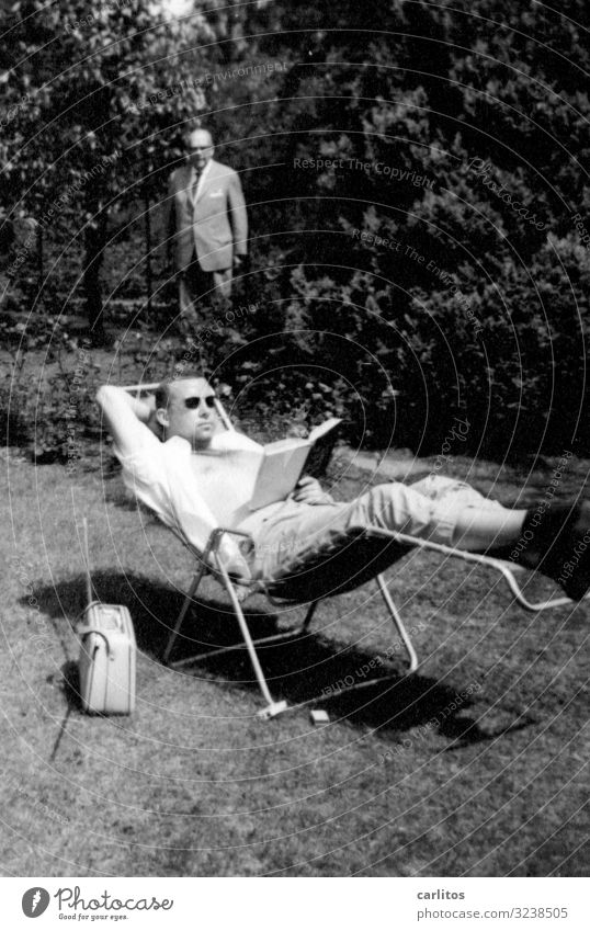 Chilly Relax Break Youth (Young adults) Young man Sixties Deckchair portable radio Book Reading Relaxation Garden Economic miracle Past Family & Relations