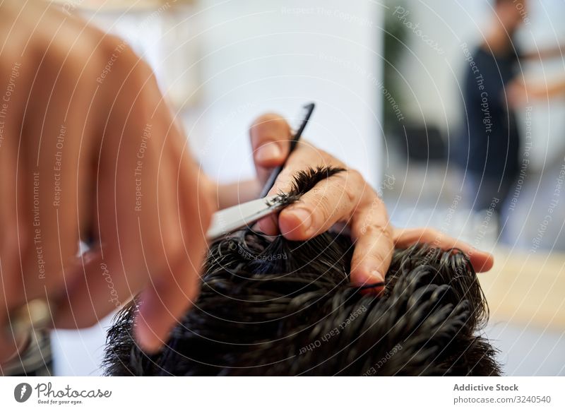 Detail of a hand from a barber cutting hair with scissors and a comb to a client haircut salon hairdressing human barbershop care hairstylist head adult