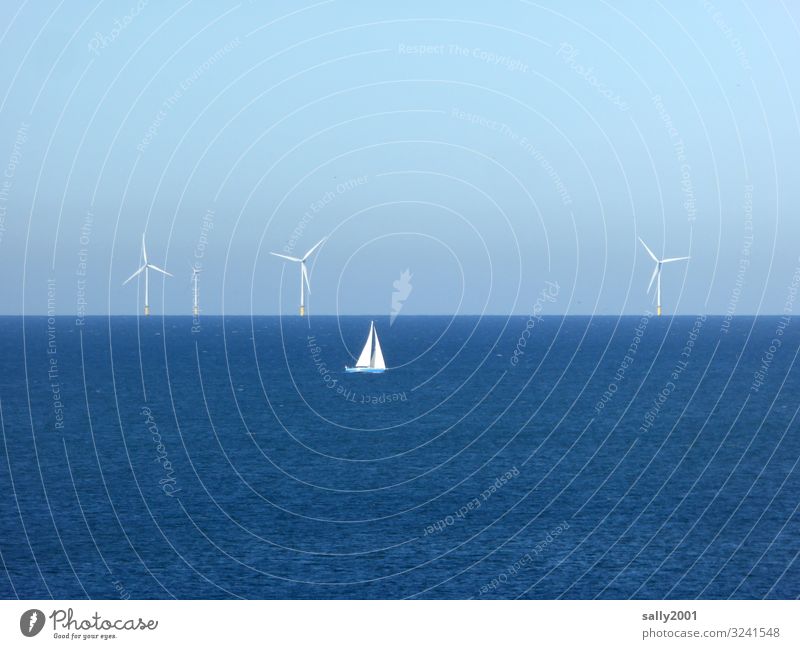 The power of the wind... Energy industry Renewable energy Wind energy plant Beautiful weather North Sea Ocean Navigation Sailing ship Rotate Relaxation Elegant