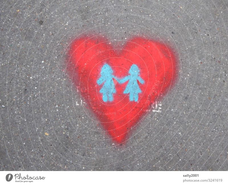 Show of love... Love Heart Street graffiti girl Painted lesbian Red LGBT hold hands Romance Lovers Sign Related Relationship Sexuality Trust Together Homosexual