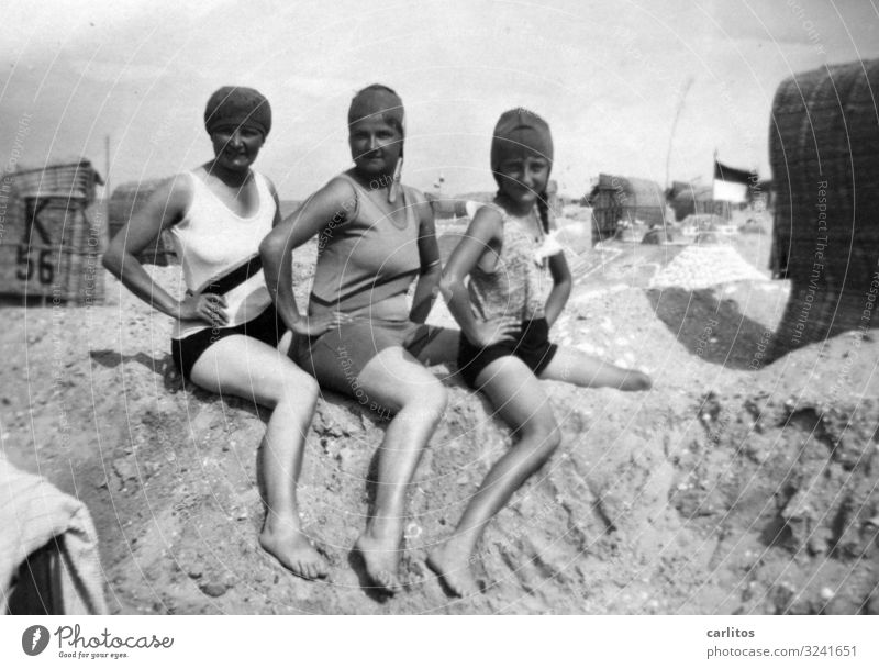 Three ladies Baltic Sea Beach Sandcastle Beach chair Naiad Woman Swimsuit Vacation & Travel Summer Bathing cap good old time Posture Memory Relaxation