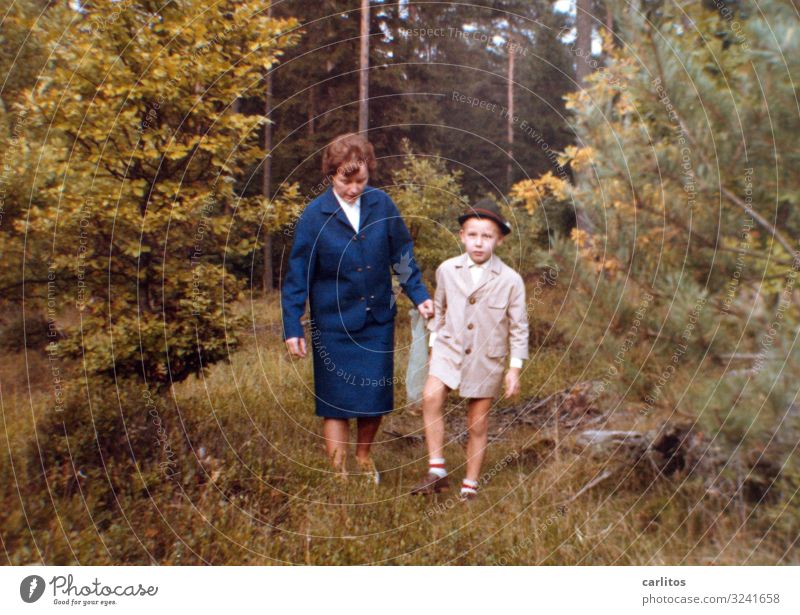 When I was little ... Mother Child Son Striped socks Costume Coat Embarrassing Sixties To go for a walk Forest Heathland Economic miracle Together Affection