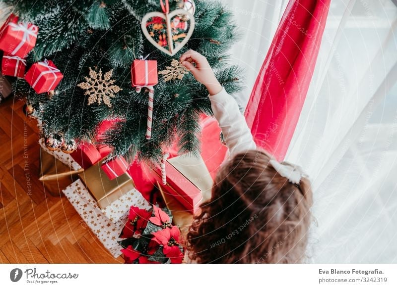 kid girl decorating christmas tree at home Lifestyle Happy Winter House (Residential Structure) Decoration Christmas & Advent Child Feminine Toddler Girl Sister