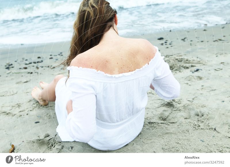 Woman in a white dress on the beach Style Joy Beautiful Wellness Life Trip Young woman Youth (Young adults) Adults Back 30 - 45 years Nature Sand Water