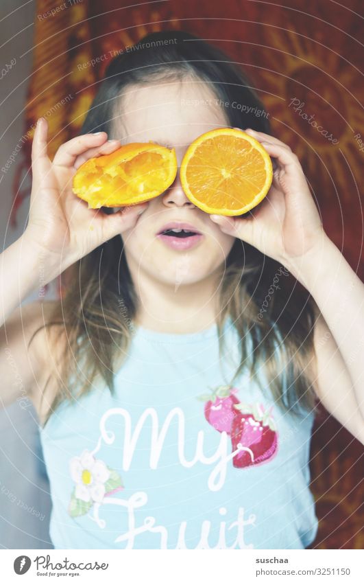 Oh, dear little fruit. Child Girl Face Eyes Concealed Fruit Orange salubriously Vitamin Vitamin C freshly-squeezed Juice Orange juice Healthy Eating
