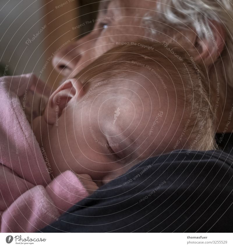 Grandpa with sleeping baby in his arms Harmonious Well-being Child Human being Baby Male senior Man 0 - 12 months 60 years and older Senior citizen Sleep