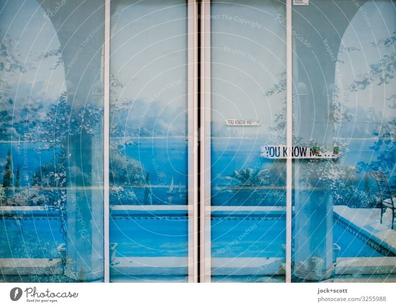 YOU KNOW ME Ocean Swimming pool Store premises Sliding door Label Characters Vacation & Travel Kitsch Blue Moody Romance Idyll Double exposure Illusion Fantasy