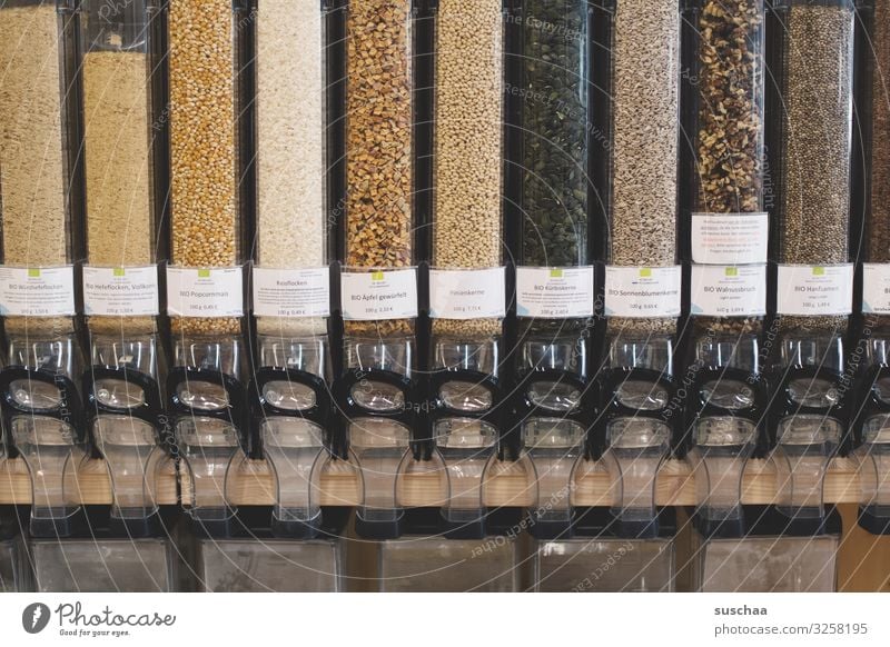 self filling (4) Glass container Organic produce Grain Cereal Store premises Self-service self-fill Sustainability without packaging unpacked Shelves Ecological