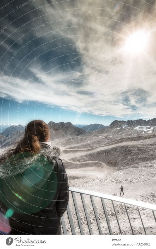 encounter Feminine Woman Adults 2 Human being Landscape Sky Clouds Horizon Beautiful weather Alps Mountain Zugspitze Snowcapped peak Observe Looking Stand