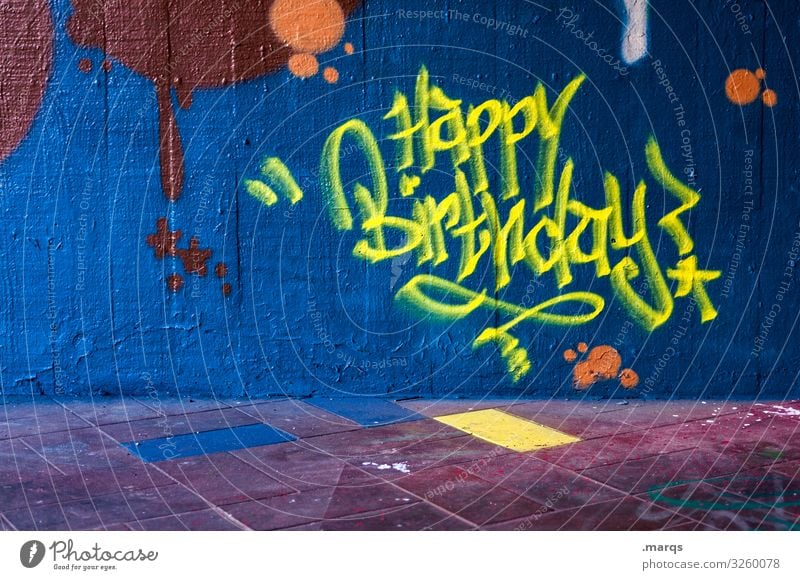 Happy Birthday Building Graffiti Wall (building) Congratulations Jubilee Birthday wish Yellow Blue Typography Characters
