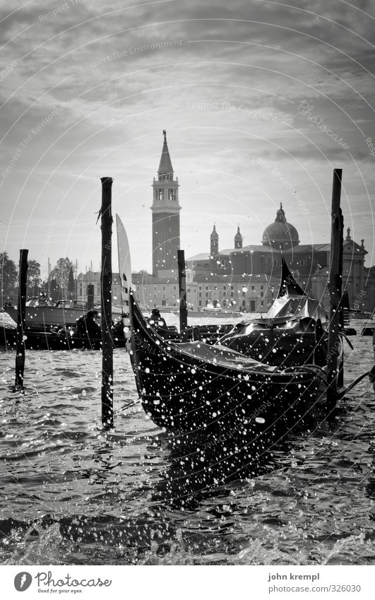 When the gondolas carry mourning Water Drops of water Waves Coast Venice Italy Port City Old town Church Building Tower Tourist Attraction Passenger ship