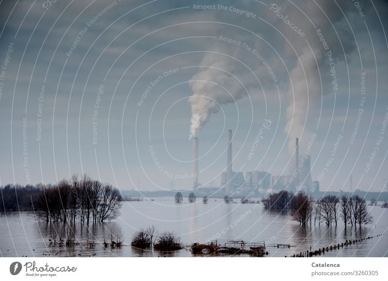 Actio - Reactio; coal-fired power plant in the background of a flooded landscape Technology Energy industry Coal power station Industry Environment Landscape