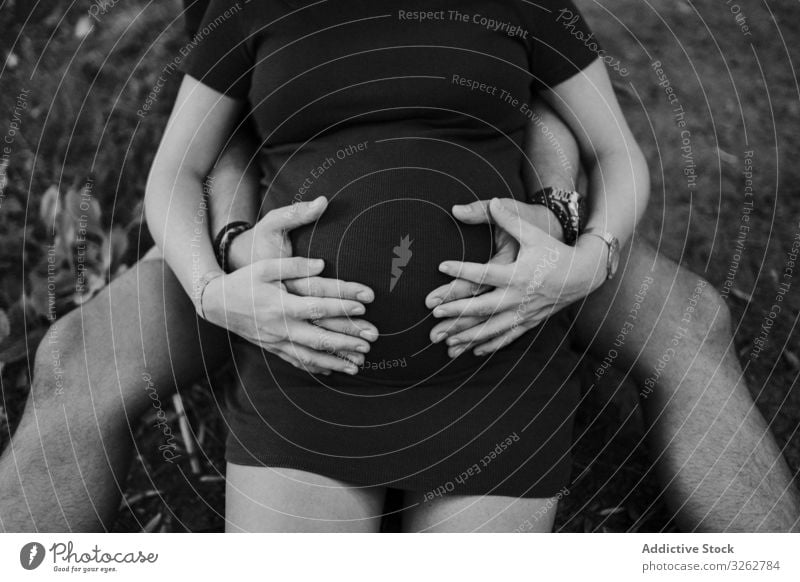 Expecting couple holding hands on belly pregnant embrace hug grass sit park happy nature expecting pregnancy love motherhood life maternity healthy beauty