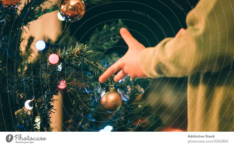 Boy decorating Christmas tree in evening boy christmas fireplace living room hang bauble traditional home celebration kid child little merry holiday xmas