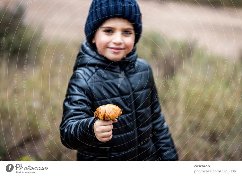 Lttle kid with a mushroom. Focus on mushroom Nutrition Organic produce Vegetarian diet Lifestyle Happy Beautiful Face Winter Mountain Hiking Child Human being
