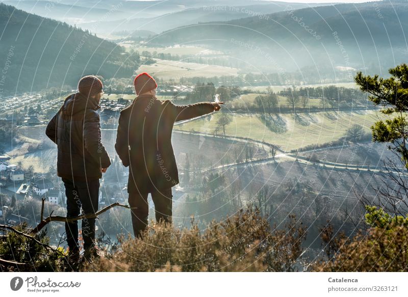 Father and son look at the valley on a cold December morning Winter Hiking Masculine Young man Youth (Young adults) Adults 2 Human being Landscape Plant