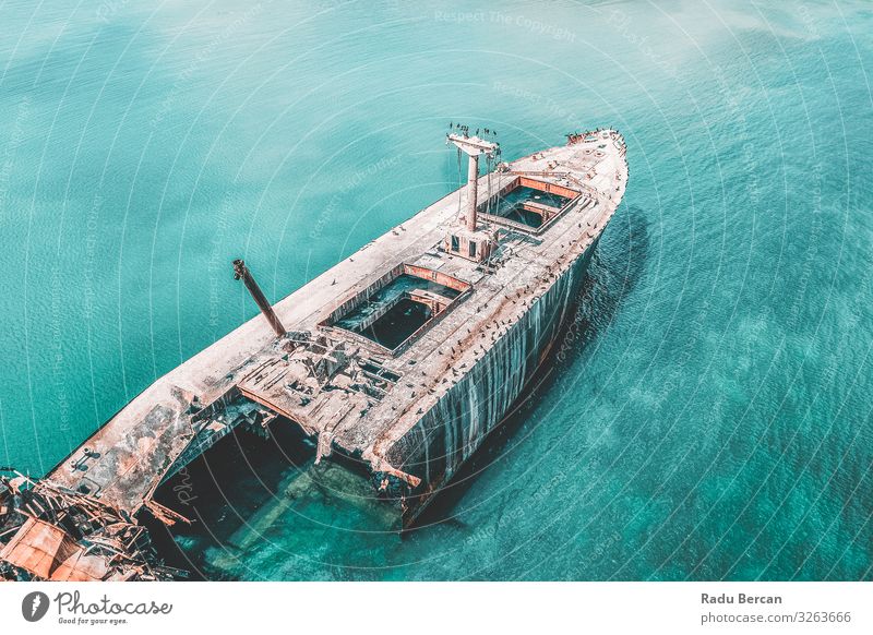 Aerial View Of Old Shipwreck Ghost Ship Environment Nature Landscape Water Summer Beautiful weather Waves Coast Ocean Transport Vehicle Navigation Cruise