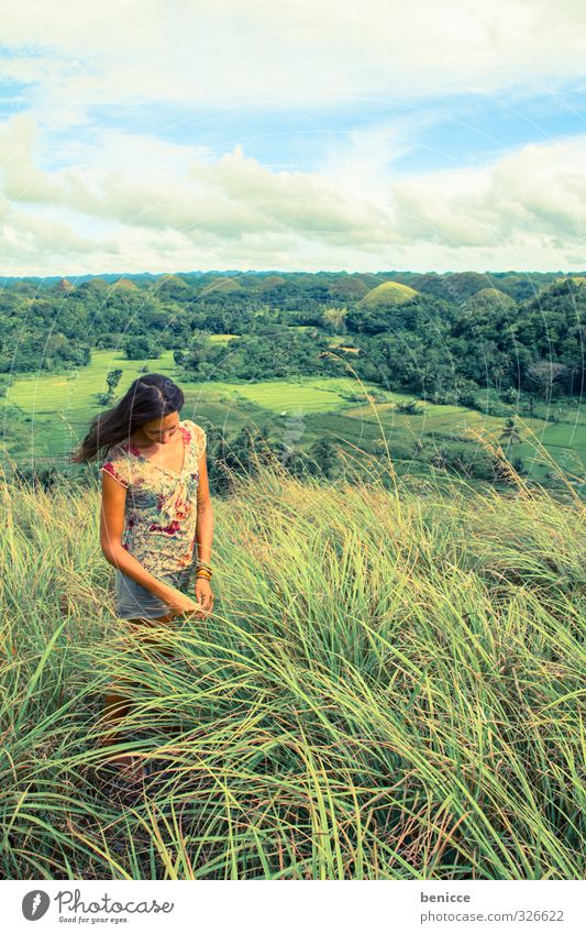 Grassy Woman Human being Meadow Hill Sadness Grief Brave Loneliness Individual Single Chocolate Hills Philippines Girl Dress Wind Oppressive Nature Landscape