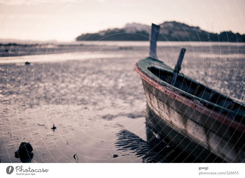 low tide Sand Water Sky Coast Beach Fishing boat Sailboat Rowboat Exotic Maritime Wet Adventure Loneliness Horizon Idyll Vacation & Travel Low tide Tide