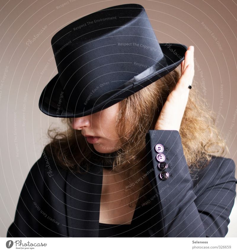 Well protected Human being Feminine Woman Adults Skin Head Hair and hairstyles Nose Mouth Lips Hand Fingers 1 Hat Blonde Curl Elegant Top hat Buttons