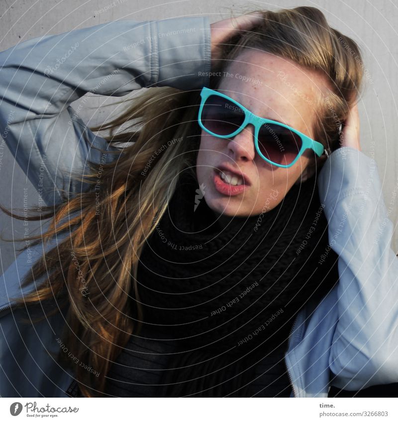 young woman with sunglasses Feminine Woman Adults 1 Human being Sweater Jacket Sunglasses Blonde Long-haired To hold on To talk Aggression Authentic Rebellious