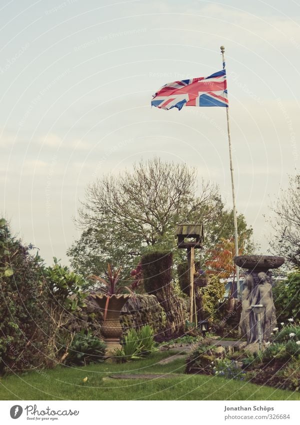 born in the UK II Environment Nature Landscape Autumn Plant Grass Bushes Foliage plant Green Flag Flagpole Blow Wind Great Britain Patriotism Garden Sky