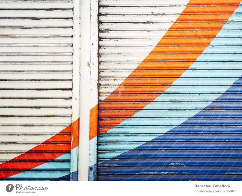 colourful geometric design on roller door Pattern Abstract Close-up Line Structures and shapes Design Geometry Roller shutter Facade Industrial plant